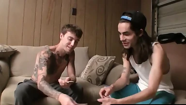 Straight buddies Devin and Blinx's post-strip poker jerk off and cum fest